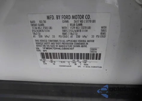 2020 Ford Explorer Xlt из США, поврежденный, VIN 1FMSK7DH4LGB90307